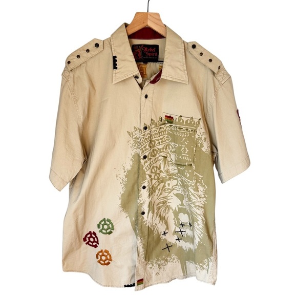 Rebel Spirit Rare Y2K Rebel Rocker Embroidered Button Up Men’s Khaki Top Sz XXL - Picture 2 of 12